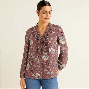 Chico’s Blouse L Floral Ruffle Purple Multicolor Long Feminine Workwear Boho